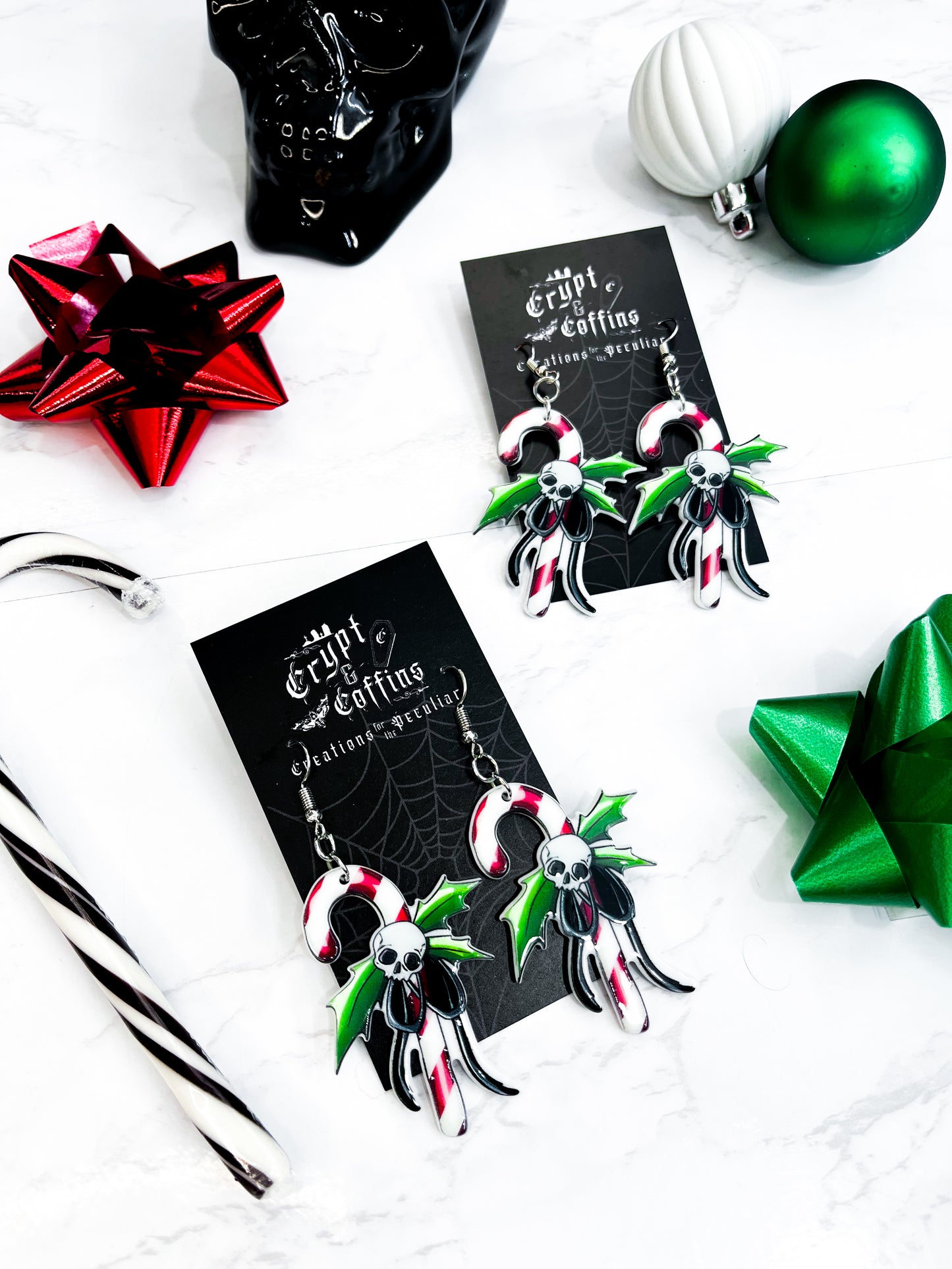 Candy Cane Skulls | Acrylic Earrings