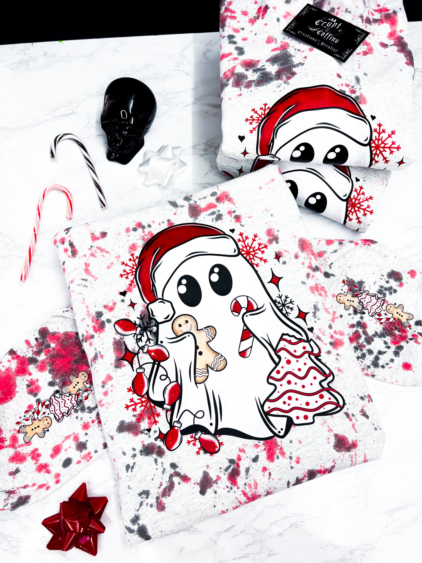 Santa Hat Ghostie | Red + Coal Speckled Ash Sweater