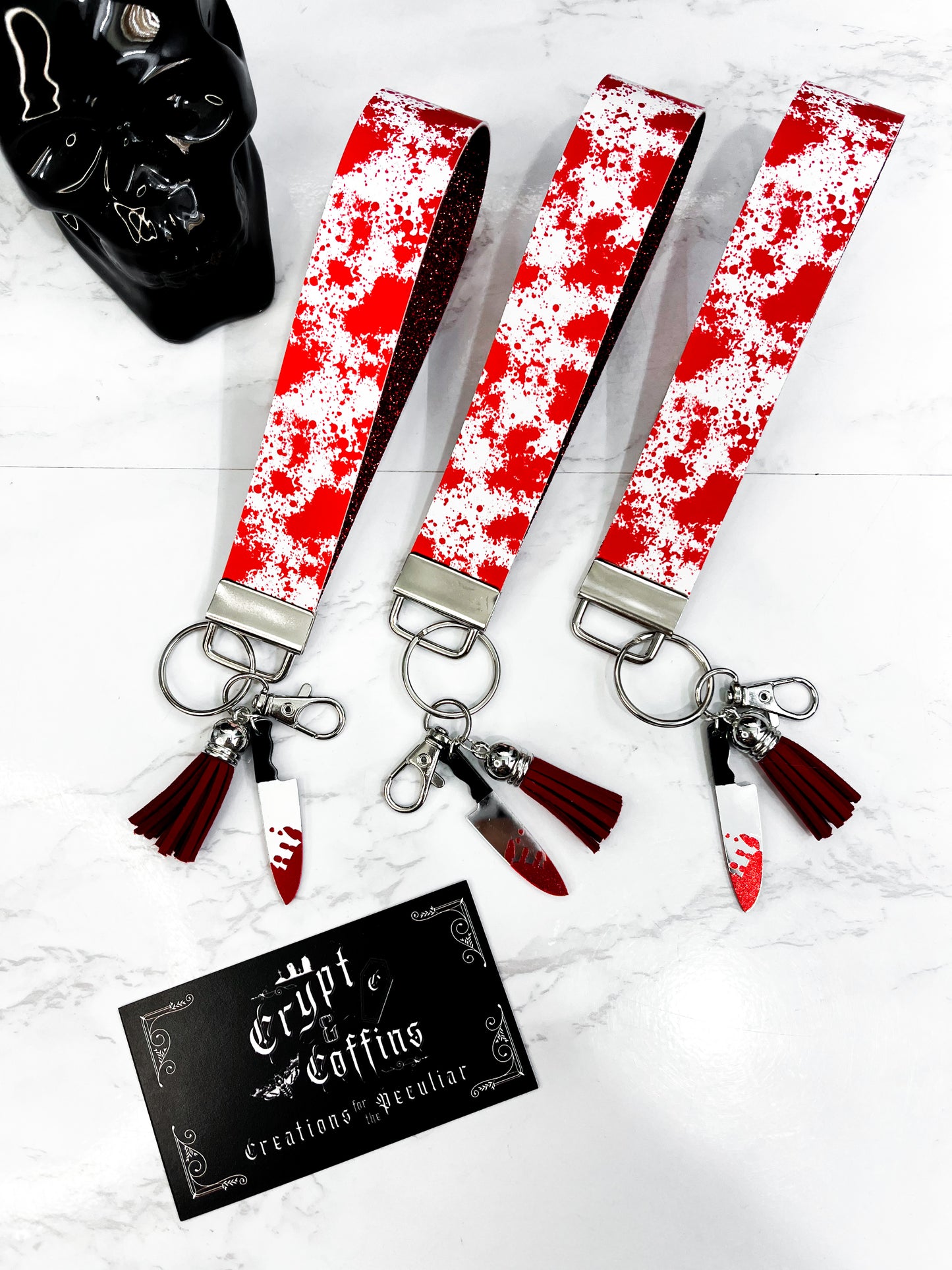 White + Blood Spatters | Faux Leather Keychain Wristlet