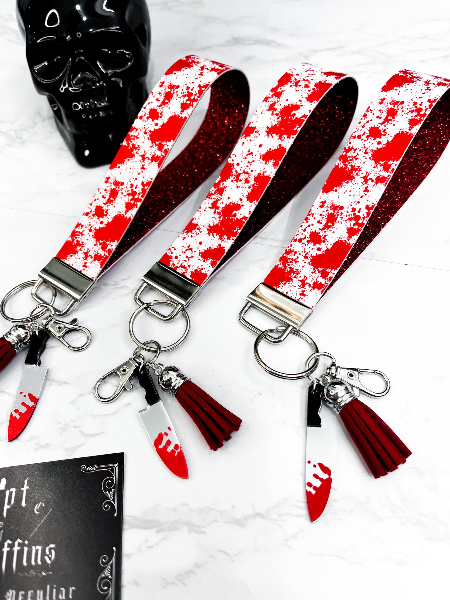 White + Blood Spatters | Faux Leather Keychain Wristlet