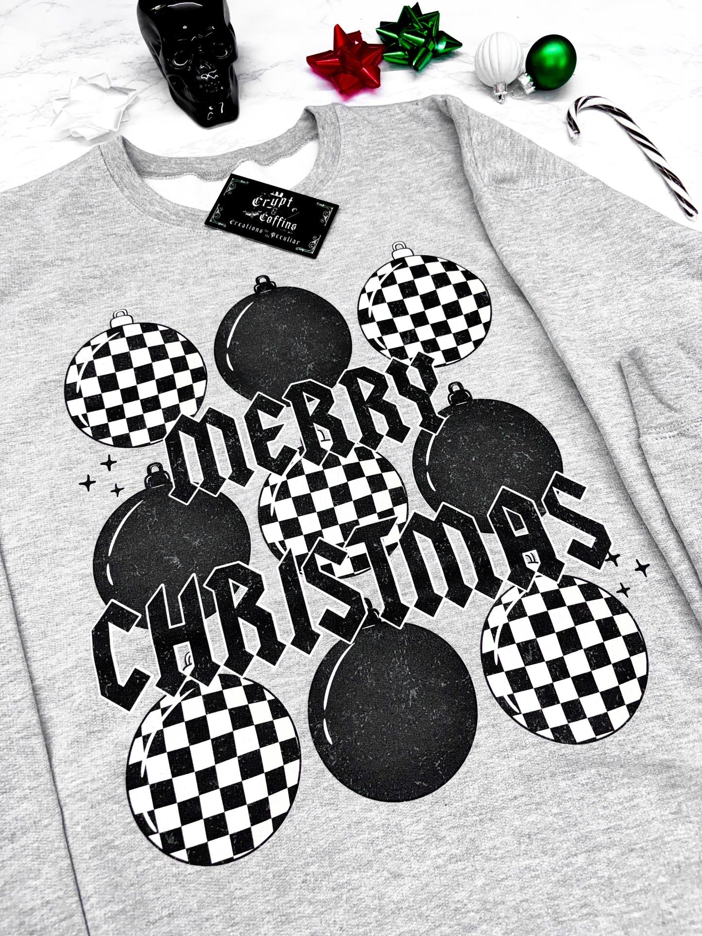 Checkered Ornaments | Gray Crewneck Sweater