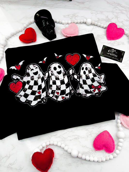 Checkered Love Ghosties | Black Crewneck Sweater / Shirt