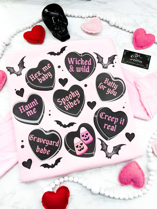 Valloween Candy Hearts | Baby Pink Crewneck Sweater / Shirt