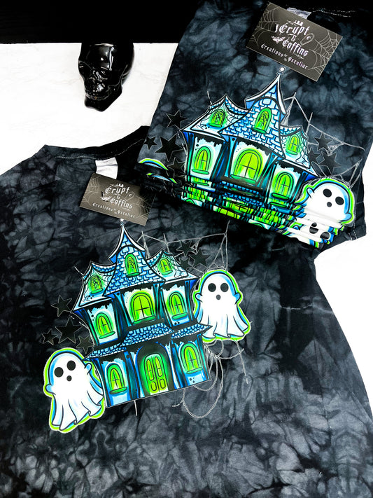 Green Glowing Ghosties | Black Acid Wash T-Shirt