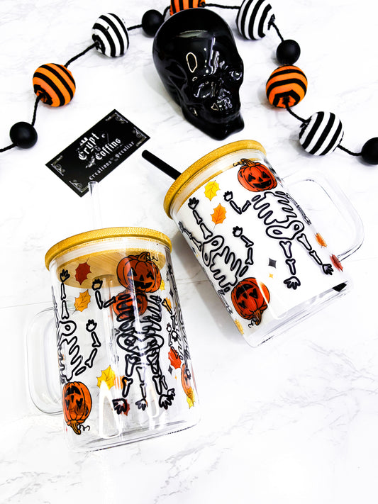 Pumpkin Head Skellie | 15 oz. Hot + Cold Glass Clear Mug