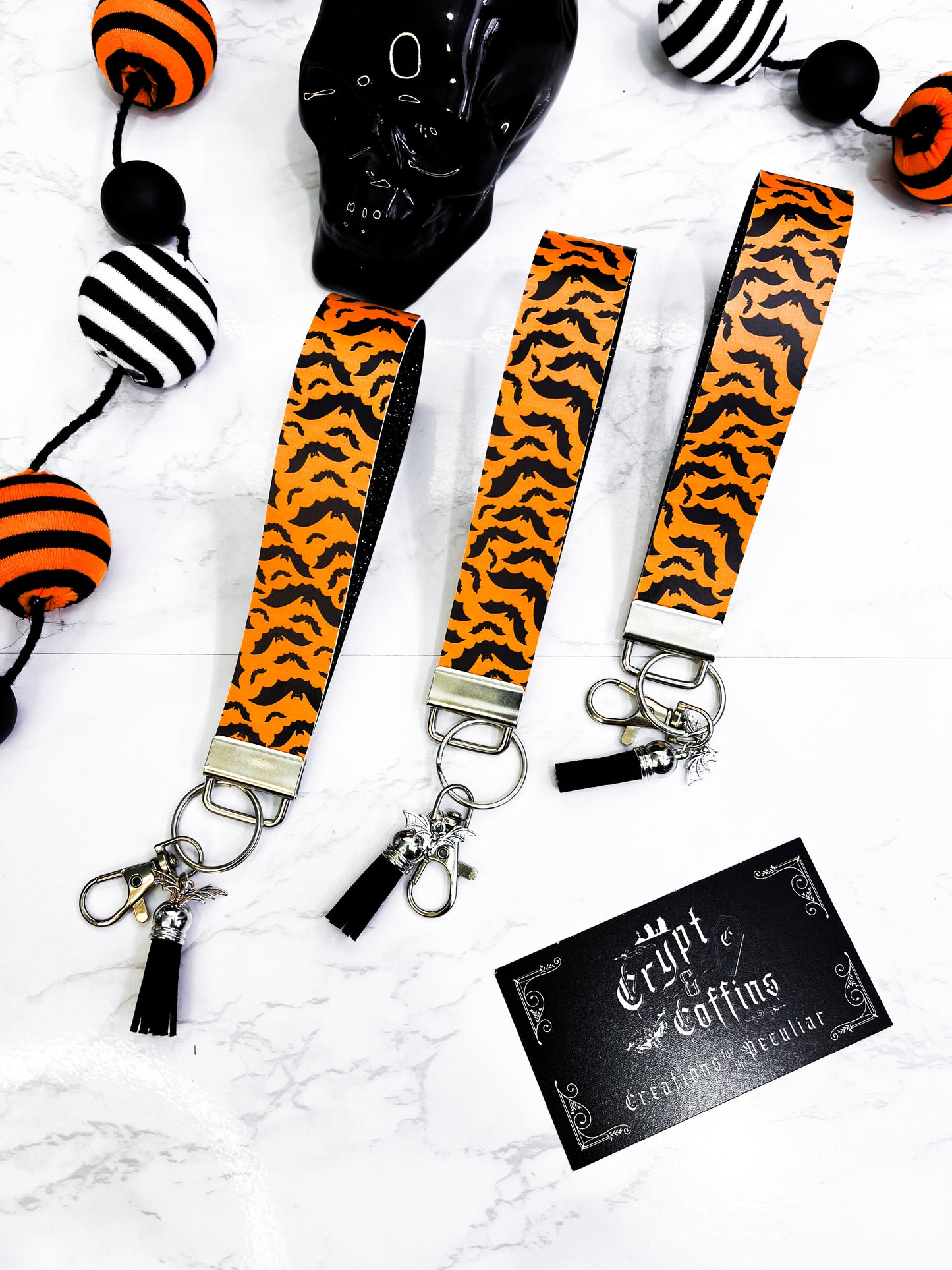 Orange + Black Bats | Faux Leather Keychain Wristlet