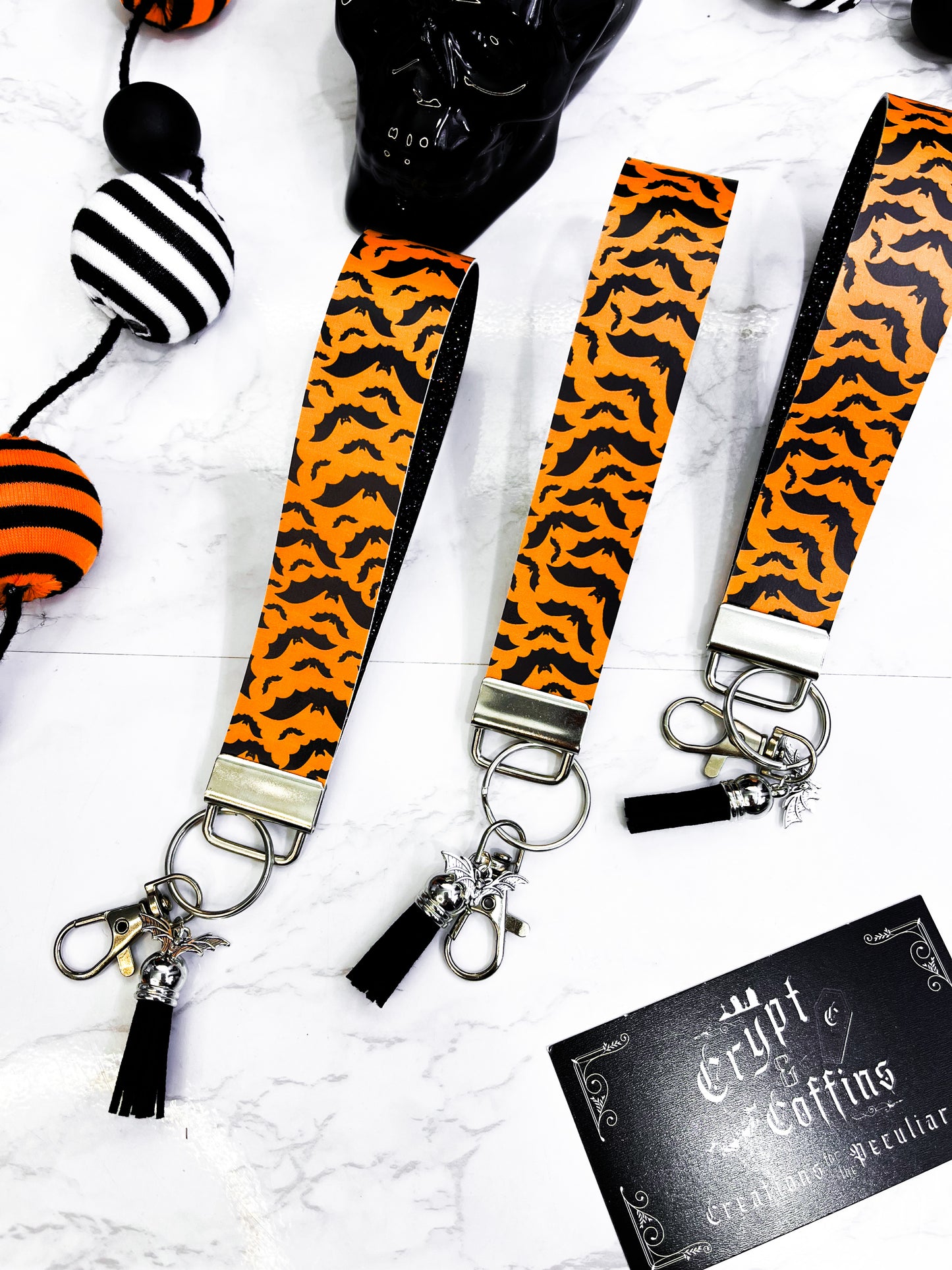 Orange + Black Bats | Faux Leather Keychain Wristlet