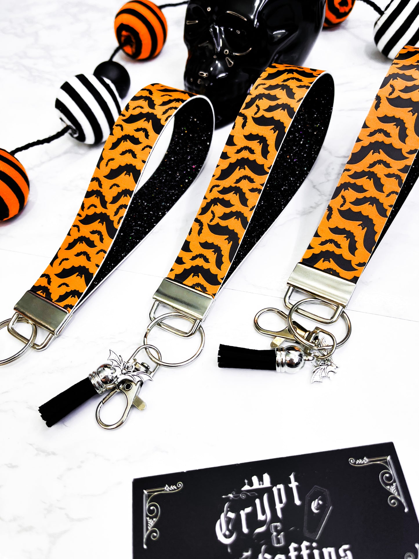 Orange + Black Bats | Faux Leather Keychain Wristlet