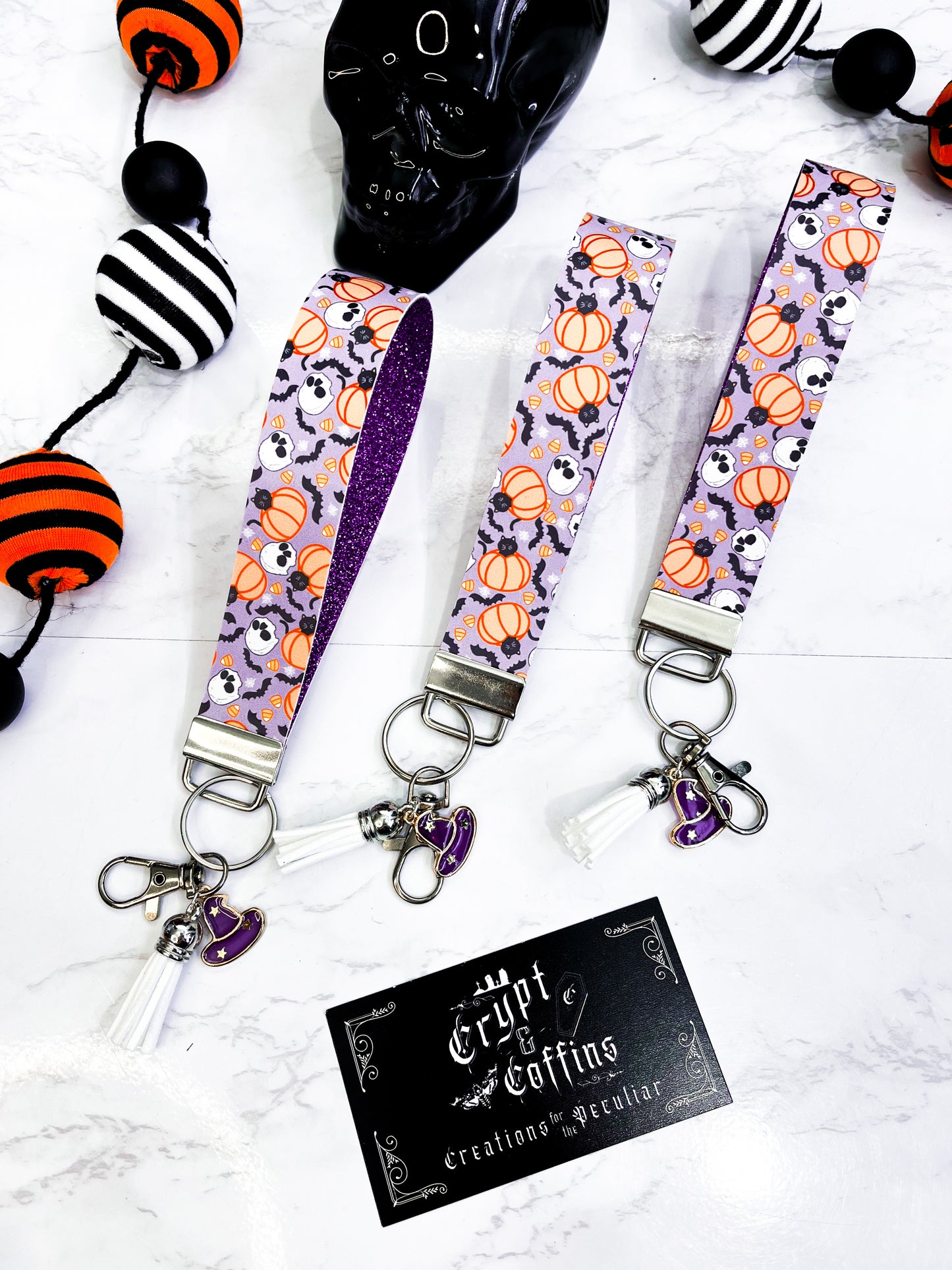 Purple Bats + Pumpkins | Faux Leather Keychain Wristlet