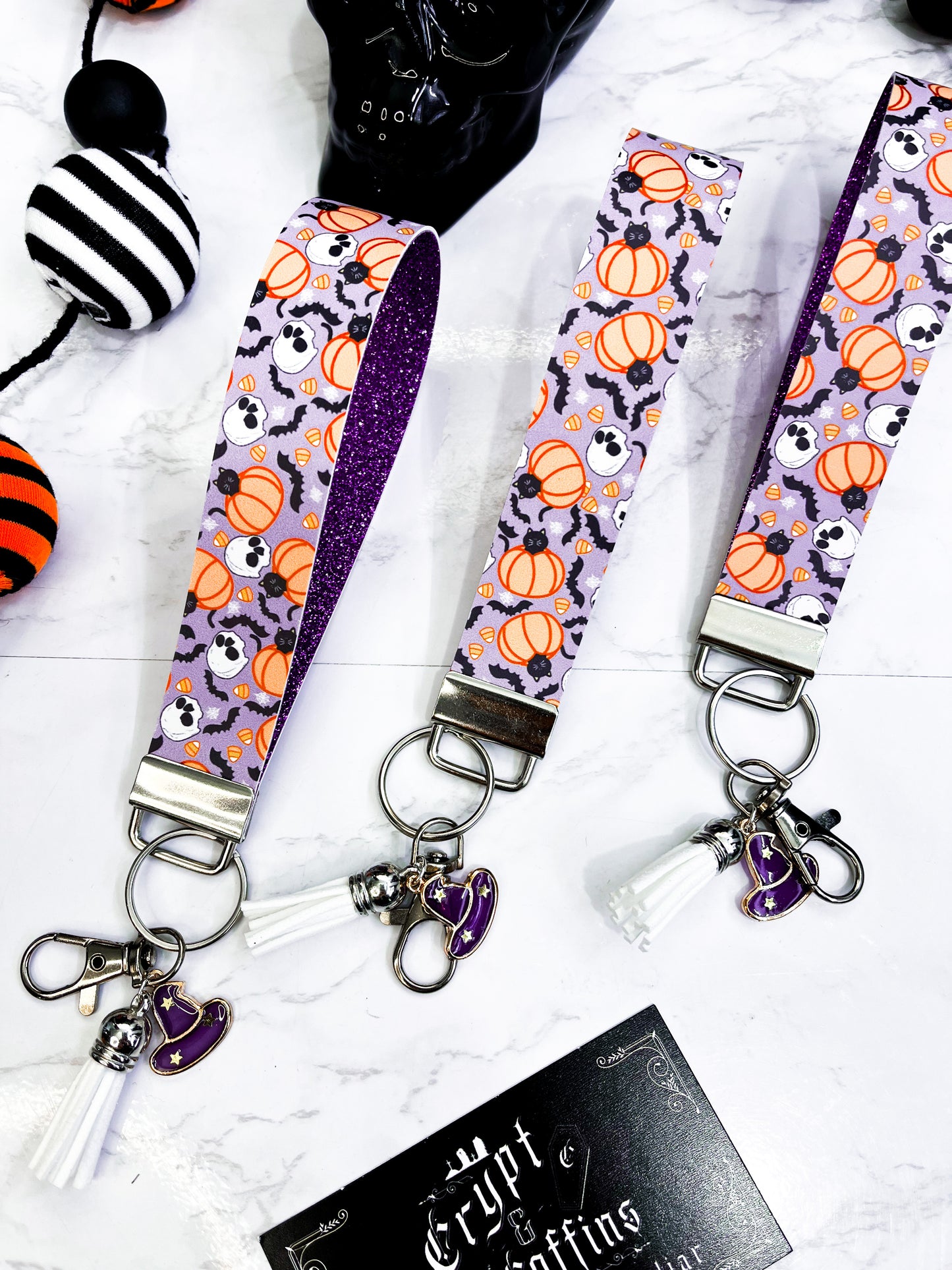 Purple Bats + Pumpkins | Faux Leather Keychain Wristlet