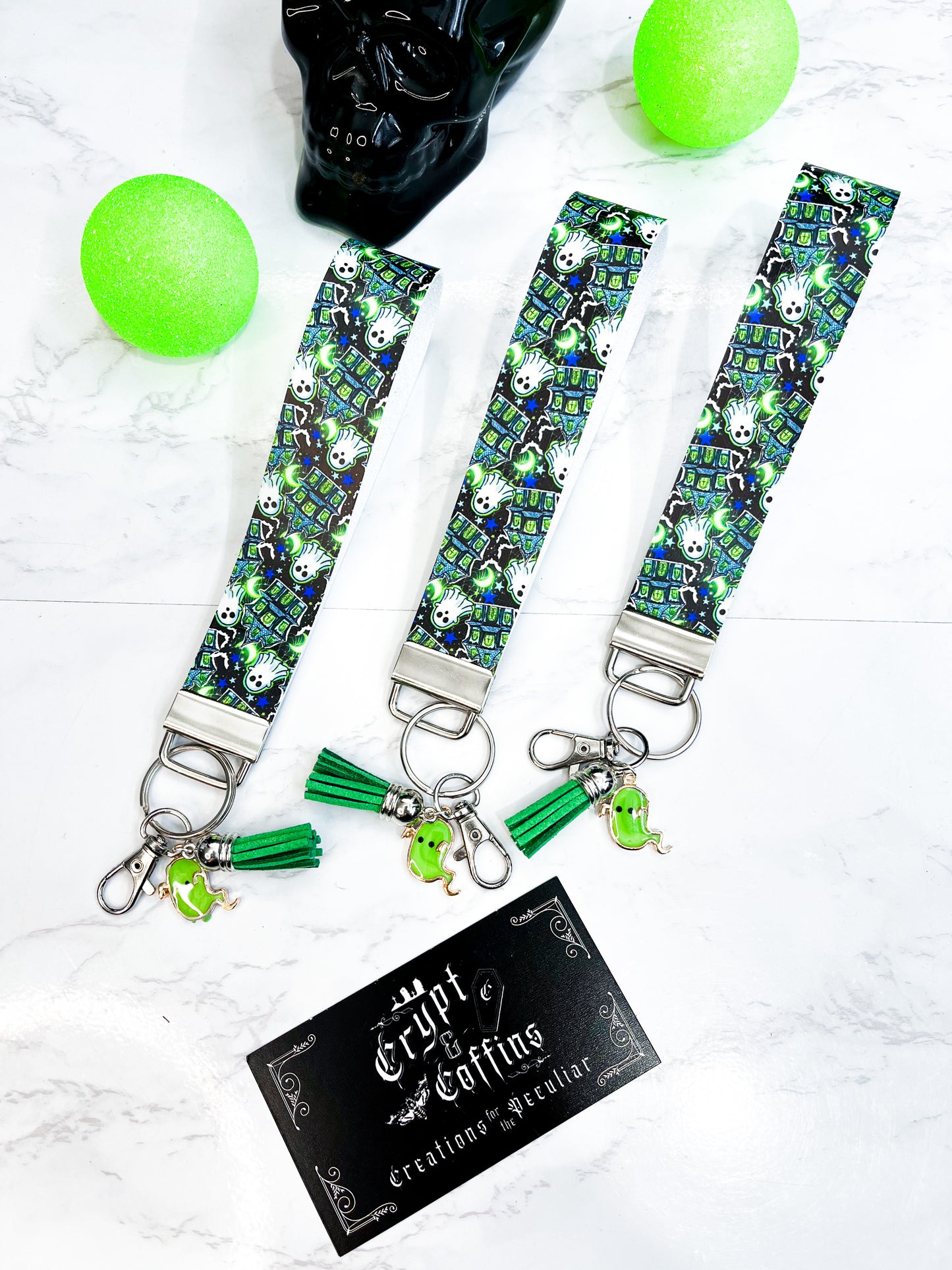 Green Haunted Ghosties | Faux Leather Keychain Wristlet