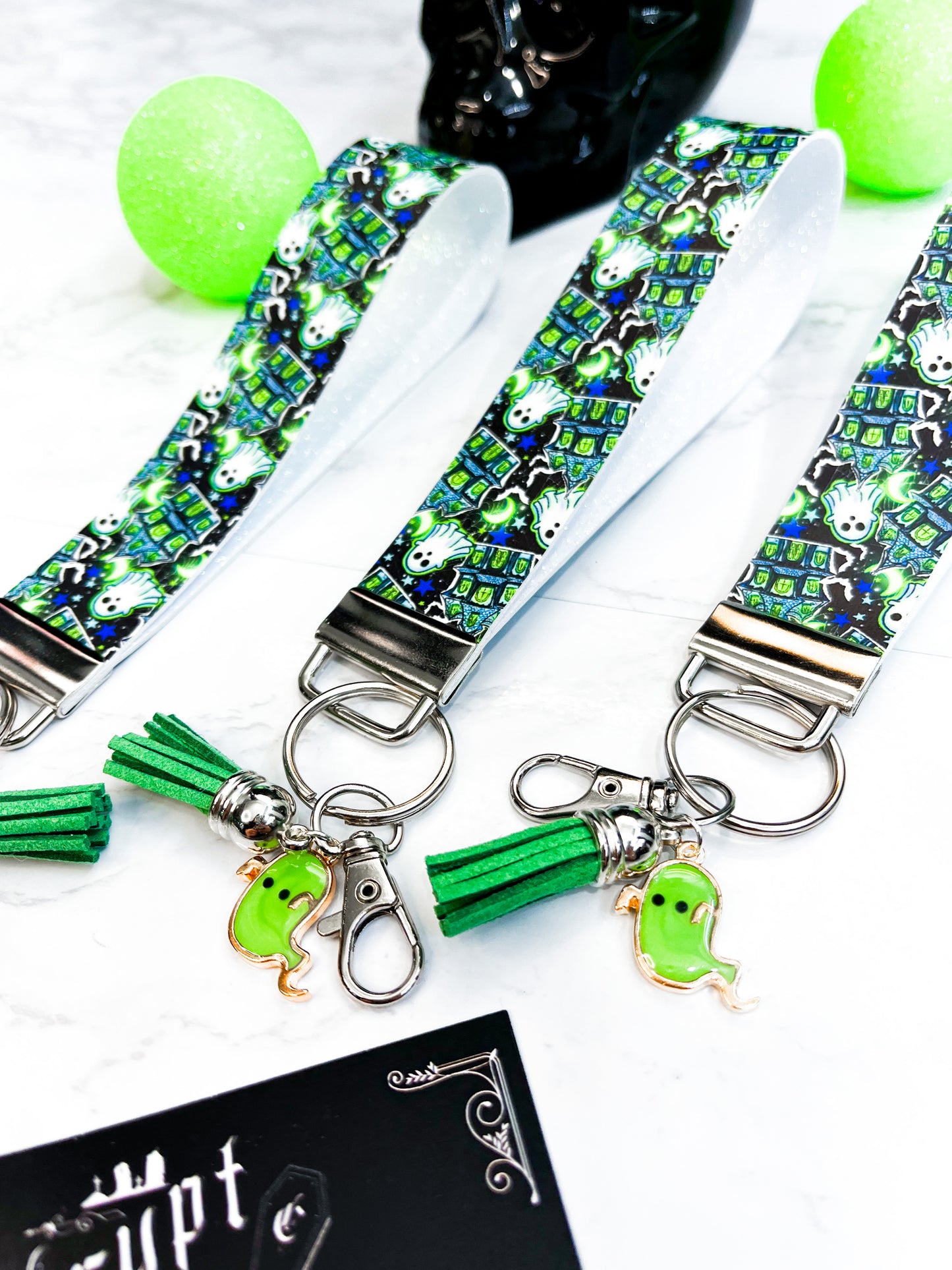 Green Haunted Ghosties | Faux Leather Keychain Wristlet