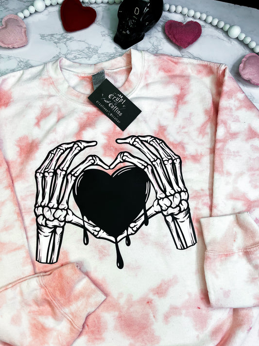 Black Drippy Heart | Rose Quartz Tie Dye Crewneck Sweater